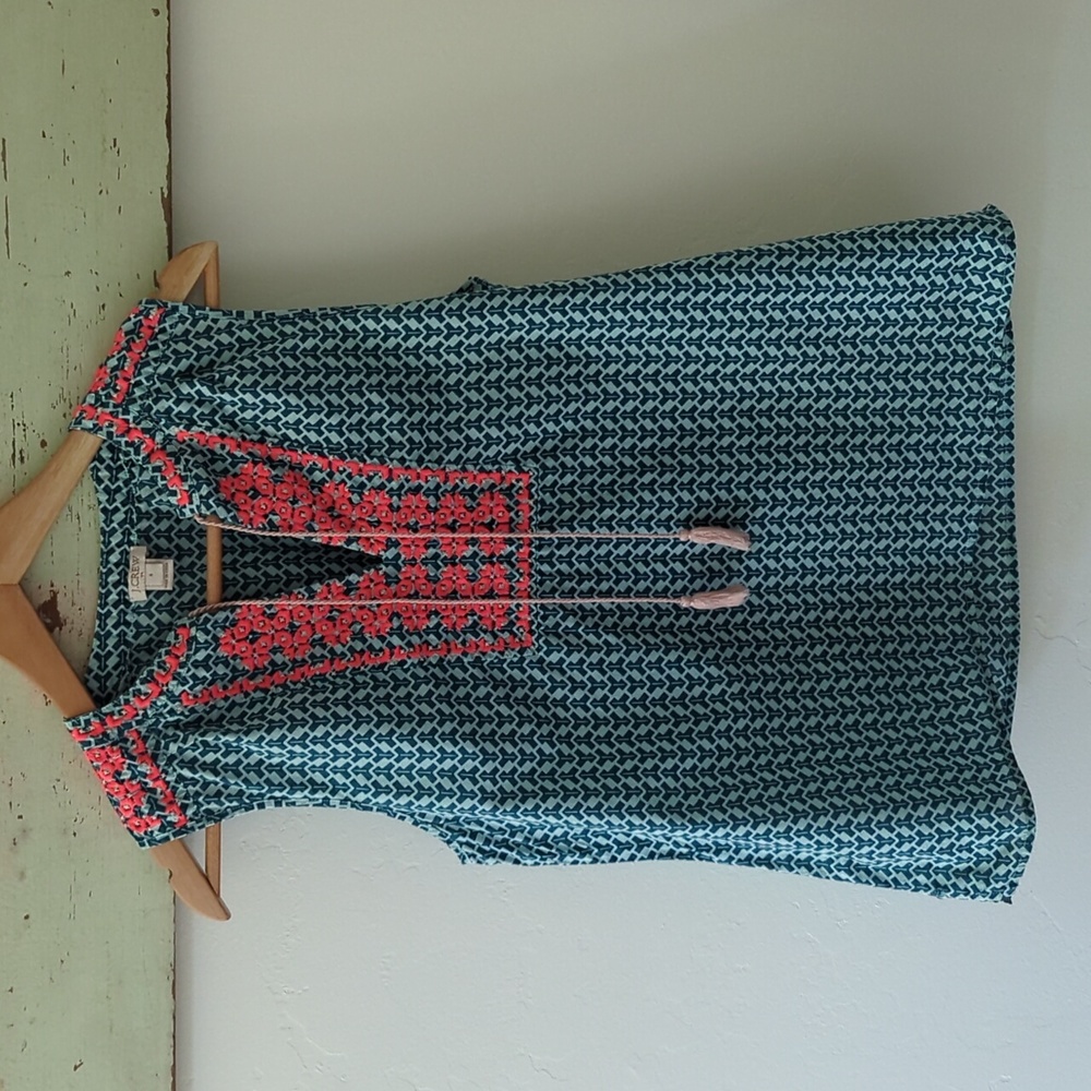 J. CREW I Blue & Pink Sleeveless Embroidered V-Neck Blouse Top with Tassels, 6 - Picture 9 of 11